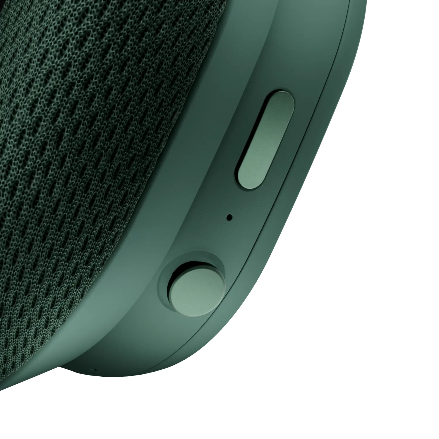 Close-up of Fairbuds XL physical controls and mesh ear cushion